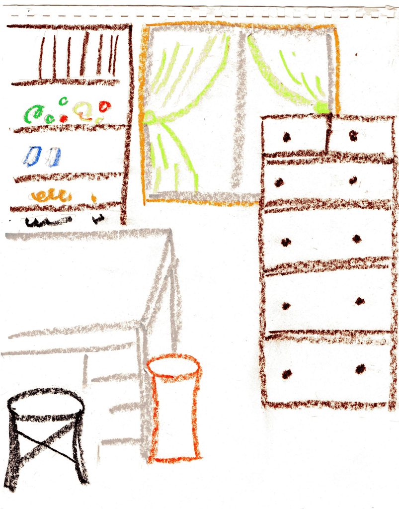 Sさんが描いた理想の部屋のイメージ図。スチールラックやタンスが配置された空間。
